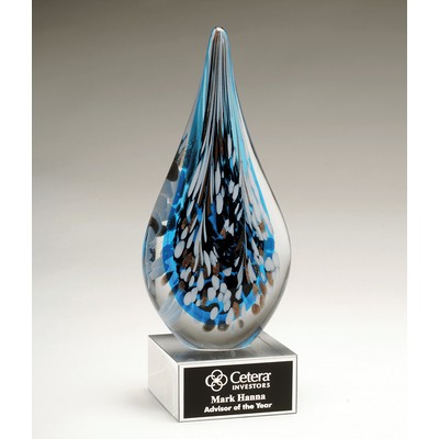 Blue/Black/Silver Teardrop Art Glass on Clear Base, 10"H