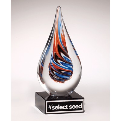 Blue, Red & Black Swirl Teardrop Art Glass on Black Glass Base, 7-1/2"H