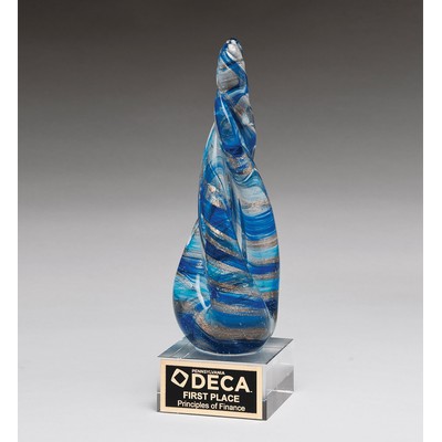 Blue/Teal Twist with Gold Metallic Accent Art Glass on Clear Base, 8-3/4"H